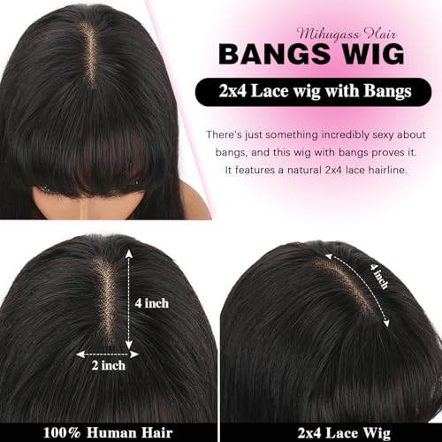 Human Hair Lace Front Wig, 200% Density Brazilian Virgin Hair, Natural Black, Straight Style with Bangs, 2x4 Lace Closure Wig Glueless Design for Women(12 Inch)