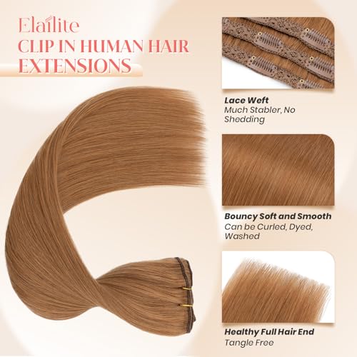 Elailite Clip in Hair Extensions Real Human Hair 3PCS Lace Weft Remy Hairpieces for Women 20 Inch 80g Light Auburn