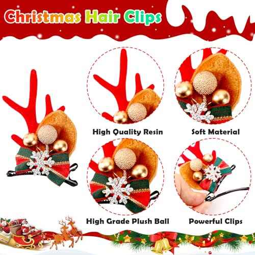 JUNEBRUSHS Christmas Hair Clips, 12 Pcs Christmas Hair Accessories Cute Reindeer Antlers Headband Ears Headdress Hairpins Antlers Christmas Tree Hat Hair Barrettes for Women Girls Gifts Party Favors