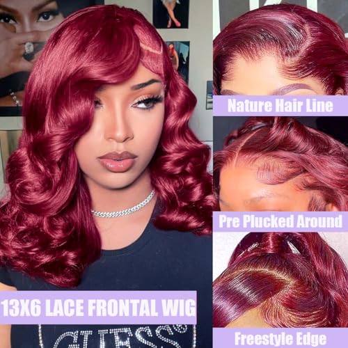 13x6 99j Burgundy Lace Front Wigs Human Hair Bob Wigs For Black Women Bob Wig Human Hair 200% Density 99j 13x6 Hd Transparent Lace Front Body Wave Wig 12 Inch