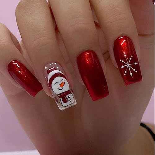 Christmas Press on Nails Long Square Fake Nails Red Nails Press ons with Snowman,Snowflake Designs Reusable Artificial Nail Full Cover Glossy Glue on Nails Stick on Nails for Women Manicure 24 Pcs