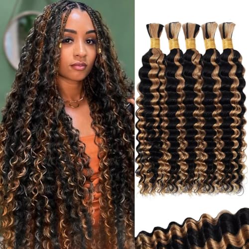 160g 5 Bundles/Pack Ombre Honey Blonde Human Braiding Hair for Boho Braids 18 Inch Curly Boho Hair for Braiding Knotless 12A Deep Wave Bulk Bohemian Color P1B/27