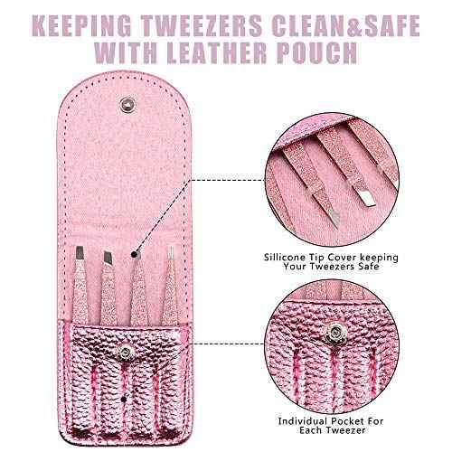Eyebrow Tweezer Set, 4 Pcs Professional Stainless Steel Tweezers for Women, Precision Tweezer for Facial Hair, Splinter and Ingrown Hair Removal£¨Rose Gold£©