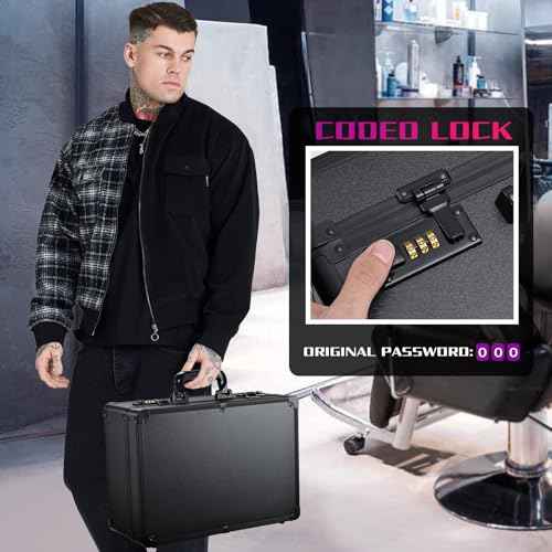Barber Accessories Case, Profesional Barbers Briefcase Tool Case, Barber Cases for Clippers and Supplies, Hair Scissors Clippers Trimmer Organizer, Barbers Suitcase with Code Lock (Matte Black)