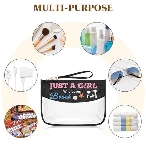 Beach Lover Gift Clear PVC Makeup Bag Summer Beach Themed Gift for Girls Women Oxford Cloth Cosmetic Bag Zipper Travel Toiletry Pouch Birthday Christmas Graduation Gift for Friends Sister Bestie