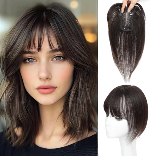 Hair Toppers for Women Real Human Hair Toppers with Bangs 4.5 * 3 Inch Upgrade Swiss Lace Base Human Toppers for Women with Thinning for Cover Gray Hair Roots£¨Dark Brown£©
