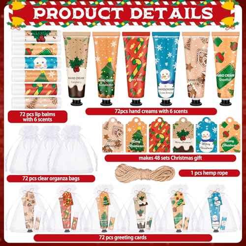 Loopeer 72 Sets/288 Pcs Christmas Hand Cream and Lip Balm Gift Set for Women Bulk Mini Hand Lotion Travel Size for Dry Skin Stocking Stuffers with Greeting Card Organza Bags for Coworker Employee