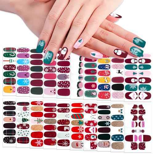 WOKOTO 20 Sheets Christmas Nail Polish Stickers Strips with 1pc Nail File Self Adhesive Winter Nail Art Wraps Decals Manicure Accessories Nail Polish Strips Stick On Nails Christmas Nail Stickers