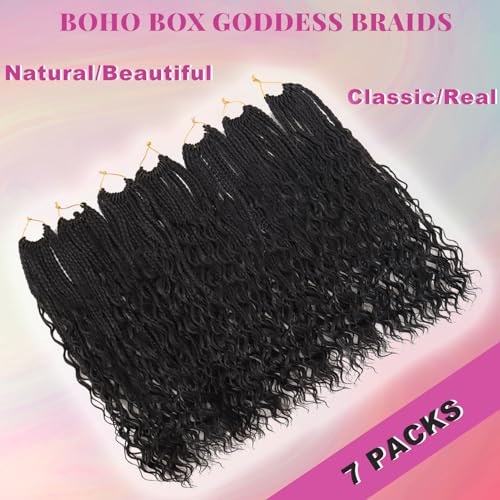 Boho Crochet Braids for Women Black 18 Inch 7 Packs Boho Braids Crochet Hair with Curly Ends Pre Looped Bohemian Crochet Hair Extensions, 1B