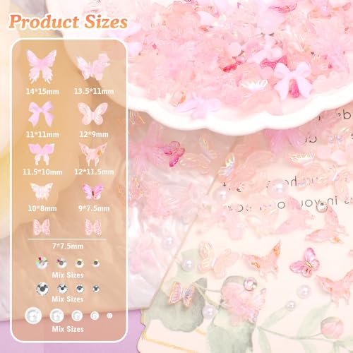 3D Pink Butterfly Nail Charms, Multi Styles Bow Tie Nail Charms and Rhinestones, Summer Butterfly Nails Bow Half White Pearls Charms for Acrylic Nails Art DIY Acessories