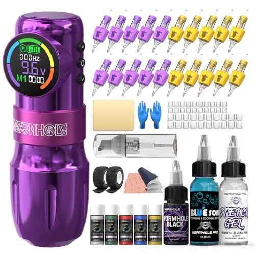 Wormhole Tattoo Gun Kit Wireless Tattoo Kit Tattoo Machine with Digital LED Display, 1,500 mAh Capacity Battery, Normal/Jump-Start/Dot Working Mode, 20Pcs Tattoo Needles Tattoo Pen Kit-Purple