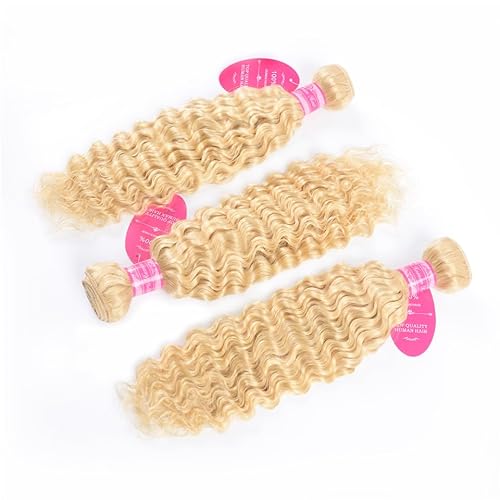613 Blonde Deep Wave Human Hair Extensions 10-14 Inch Double Weft Wig, 12A Grade, 3 Bundles, Tangle Free, Curly, 90% Density
