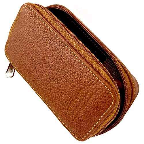 Parker Saddle?Brown Leather Double Edge Safety Razor Case with Blade Compartment ? Zip Travel Pouch