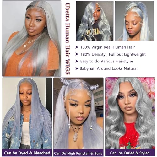 Ubetta Grey Wig Human Hair, 13x6 Grey Lace Front Wigs Human Hair Pre Plucked Glueless HD Lace Front Silver Gray Wigs for Black Women 180% Density 18 Inch Straight Colored Gray Lace Frontal Wig
