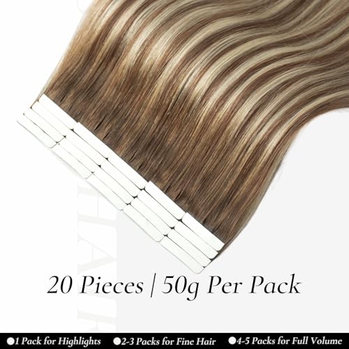 Tape in Hair Extensions Human Hair, 20pcs 50g 18 Inch Tape in Hair Extensions, Balayage Walnut Brown To Ash Brown Mix Light Blonde,Invisible Remy Silky Straight Real Natural Thick Human Hair