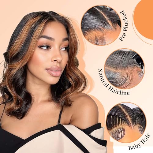 13x6 Highlight Body Wave Lace Front Wigs Human Hair 200% Density FB/30 Ombre Frontal Wigs Human Hair Pre Plucked Short Wigs for Black Women Glueless Balayage HD Lace Wig Loose Wavy 12 inch