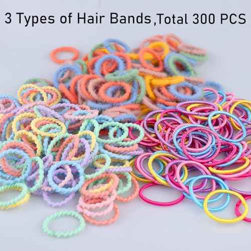 300PCS Elastic Hair Bands for Kids and Women, 3 Styles Small Thin Hair Ponytail Holder, Baby Girls Hair Ties No Damage, Diameter 1.0inch Mini Colorful Rubber Bands Accessories, Daughter Birthday Gift