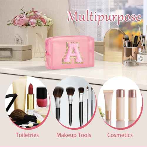 Clear Makeup Bag for Women - Small Personalized Initial Cosmetic Bags A-Z Chenille Letter Make up Pouch Waterproof Toiletry Bag Travel Accessories Gifts for Women Christmas Gifts (Pink Z)