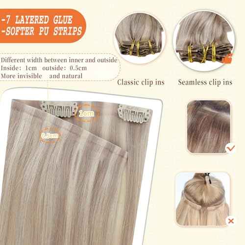 Full Shine Hair Extensions Real Human Hair Clip ins Blonde Hair Extensions Highlight Seamless Clip in Human Hair Extension PU Skin Weft Add Volume 18 Inch 8 PCS 120 Grams