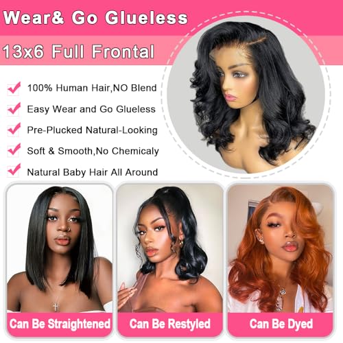 Bob Wig Human Hair 200 Density 13x6 Body Wave HD Lace Front Wigs Human Hair Glueless Lace Frontal Bob Wigs Short Bob Wigs for Black Women Pre Plucked with Baby Hair (14 inch, Bob Wig)