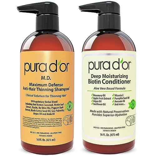PURA D'OR MD Anti-Thinning Biotin Shampoo & Conditioner Set (16oz x2) Maximum Defense Coal-Tar Strong Scented Hebal Blend Hair Thickening Products For Women & Men, Daily Shampoo For Scalp Health