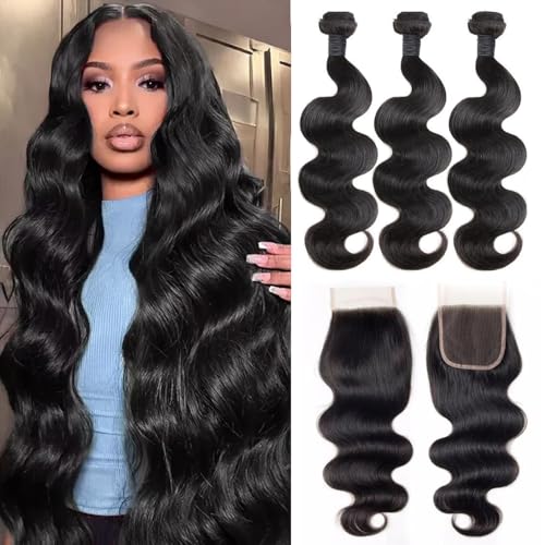 Body Wave Bundles with Closure Human Hair 14 16 18 + 12 Inch Brazilian Human Hair 3 Bundles with 4x4 HD Lace Closure Part 12A Grade 100% Unprocessed Virgin Hair