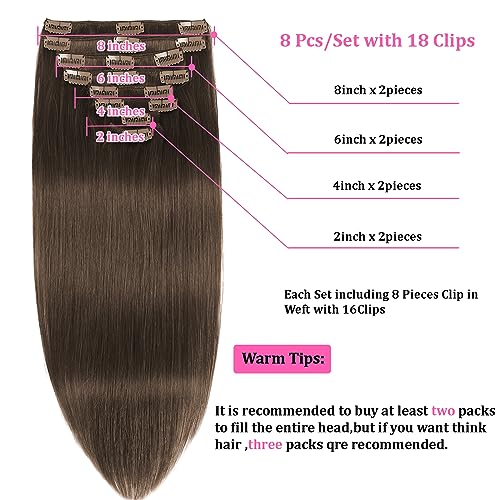 Chocolate Brown Clip in Hair Extensions Real Human Hair Clip ins Remy Human Hair Clip in Extensions Invisible Natural Straight Seamless Clip on Hair Extensions 8pcs Double Weft 22 Inch 90g