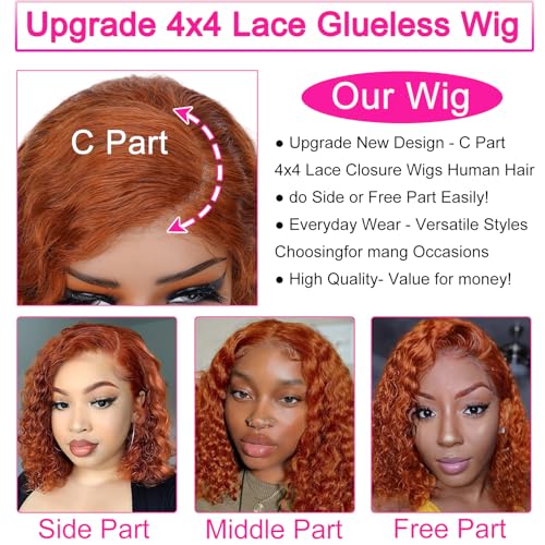 Ginger Bob Wig Human Hair Side Parted Deep Wave Lace Front Wigs for Women Colored Glueless Wigs Human Hair Preplucked Pre Cut Lace Closure Glueless Wig Wear and Go 14 Inch