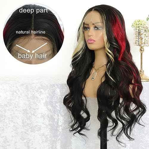 Highlight Red Skunk Stripe Blonde Synthetic Lace Front Wig Glueless Long Wavy Colored Mixed Red Black 13x4 Lace Front Wigs for Women Pre Plucked with Baby Hair 24 Inches 150 Density