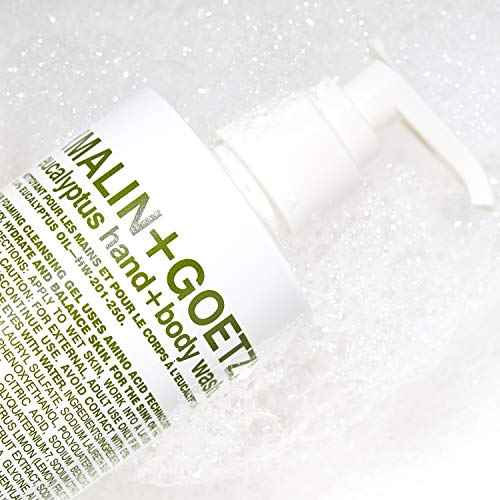 Malin + Goetz Eucalyptus Hand + Body Wash natural cleansing, purifying, hydrating hand & body wash. all skin types, dry, irritated, sensitive. No stripping/irritation. Cruelty-free & vegan 16 Fl oz