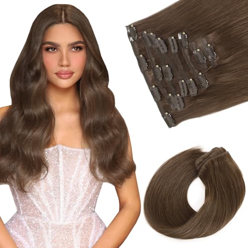 Sassina Clip in Hair Extensions 18 Inch Invisible Straight Human Hair Extensions Clip ins Medium Brown Clip in Extensions Full Head 8 Pcs with 18 Clips 120 Grams #4