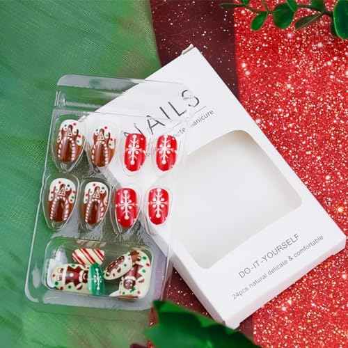 Christmas Press On Nails Short Almond Fake Nails White Brown False Nails With Snowflake Gingerbread Man Design Glue On Nails Full Acrylic Stick On Nails Xmas Artificial Nails For Women 24Pcs