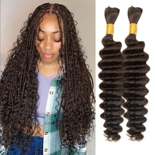 Human Braiding Hair Deep Wave Bulk Human Hair for Braiding 24Inch No Weft 90g (2Bundles-1Pack) 12A Brazilian Virgin Curly Human Hair Braiding Hair For Boho Braids Wet and Wavy