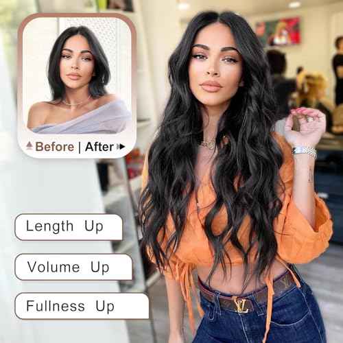 ALXNAN Clip in Long Wavy Synthetic Hair Extension 24 Inch Black 4PCS Thick Hairpieces Fiber Double Weft Hair for Women