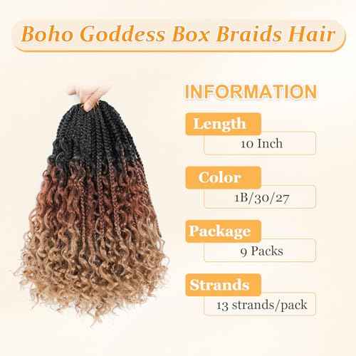 Goddess BoxBraids Crochet Hair 10'' Boho Crochet BoxBraids With Curly Ends,9 Packs Bohomian BoxBraids Crochet Hair For Black Women Pre Looped BoxBraids Crochet Hair (10'',1B/30/27)