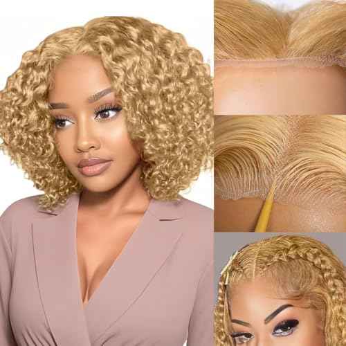 FABA Glueless Wigs Human Hair Pre Plucked Pre Cut Bob Blonde Curly Wig 7x5 Honey Blonde Deep Wave Wig Human Hair 180% Density Short Curly 12 Inch