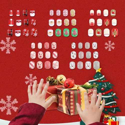 SIUSIO 120Pcs 5 Pack Press on Nails kids Children Acrylic Fake Nails Cute Pre-glue Full Cover Gradient Color Rainbow Short Stick On False Nail Art Kits Set for Kids Little Girls - Christmas Elves