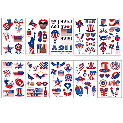 Temporary Tattoos, 90Pcs Independence Day Tattoos (10 Sheets) American Flag Red White & Blue Design USA Body Art Patriotic Stickers for Labor Day Memorial Day Decoration Party Supplies Flags