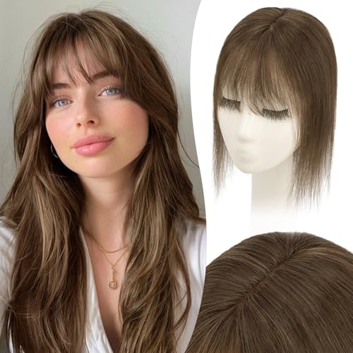 S-noilite Hair Toppers for Women with Bangs Real Human Hair 360¡Æ 3D Cover Clip in Bangs 2X6 Coverage Clip in Hairpiece for Women with Thinning Hairline 10Inch (Dark Brown)