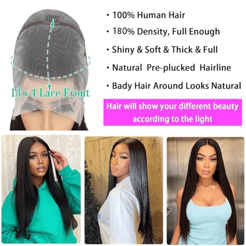 13x4 Lace Front Wigs Human Hair for Women HD Transparent Straight Lace Front Wigs Human Hair Pre Plucked Glueless Lace Frontal Wigs Natural Black Color 24 Inch 180 Density