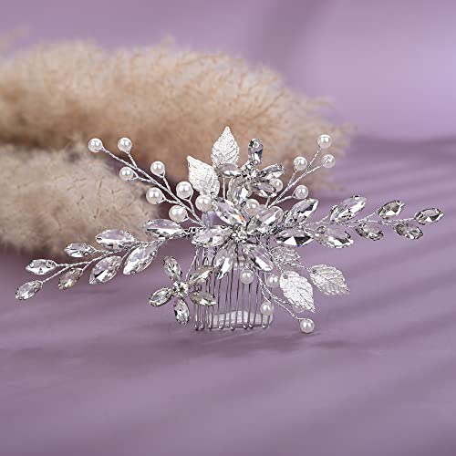 Teyglen Silver Flower Leaf Headpiece Crystal Bridal Wedding Hair Comb for Women Bride Girls (Silver, 15*7cm/5.9*2.75inch, Alloy+Rhinestones + Crystal+Imitation pearls, 1 Count)