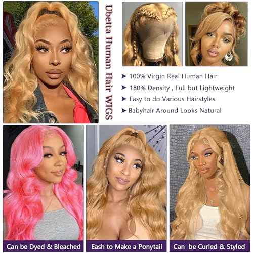 Ubetta Honey Blonde Wig Human Hair, Body Wave Honey Blonde Lace Front Wig Human Hair, 22 Inch Glueless 13x4 HD Lace Frontal Wigs Human Hair Pre Plucked 180% Density Lace Frontal Wigs for Black Women