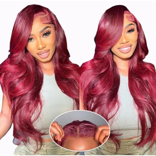 Wear and Go Glueless Wigs Human Hair Pre Plucked Pre Cut for Beginners 99j Burgundy Lace Front Wigs Human Hair Upgraded No Glue 5x5 HD Body Wave Lace Closure Wigs Human Hair for Women 24 Inch