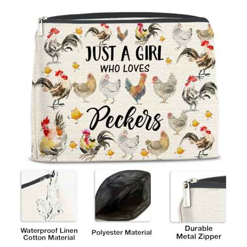 Chicken Gifts for Chicken Lovers Girls, Chicken Lady Gift, Peckers Lovers Gifts Makeup Bag for Sister Daughter Granddaughter Bestie, Just a Girl Who Loves Peckers Cosmetic Bag Makeup Pouch