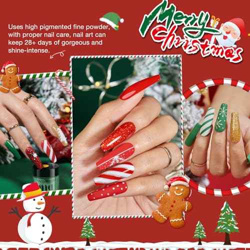 AZUREBEAUTY Christmas Dip Powder Nail Kit, 4 Colors Red Green Gold Glitter Dipping Powder System Liquid Set Recycling Tray, French Nail Art Base & Top Coat Activator DIY Salon.