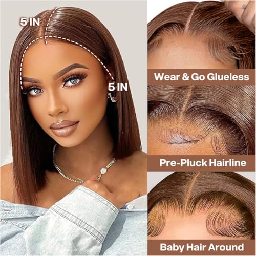 Wear and Go Glueless Bob Wig Human Hair 200% Density 5x5 HD Lace Closure Wigs For Black Women Glueless 5x5 Closure Wigs Human Hair Pre Plucked Bob Brown Color 14 Inch
