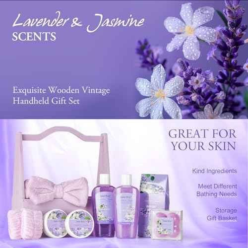Bath and Body Gift Basket Set for Women - Jasmine Christmas Gifts for Women, Spa Gift Basket 13-Piece Bath Gift Set, Gift Set for Ladies Body & Bath Gifts Set Lavender Gift Baskets For Mom