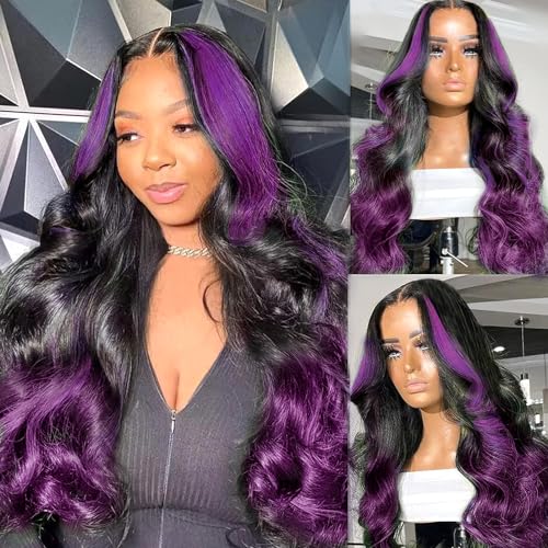 Skunk Stripe Wigs Human Hair Lace Front Purple Highlights Wig 13x4 HD Lace Front Wigs Dark Burgundy Highlight Body Wave Lace front Wig 150% Density Pre Plucked with Baby Hair 18 Inch