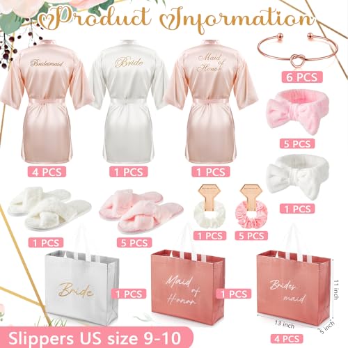 36 Pcs Bride Bridesmaid Robes Set of 6 Bridal Party Silk Satin Robes for Wedding Bachelorette Party Gifts(White,Pink)