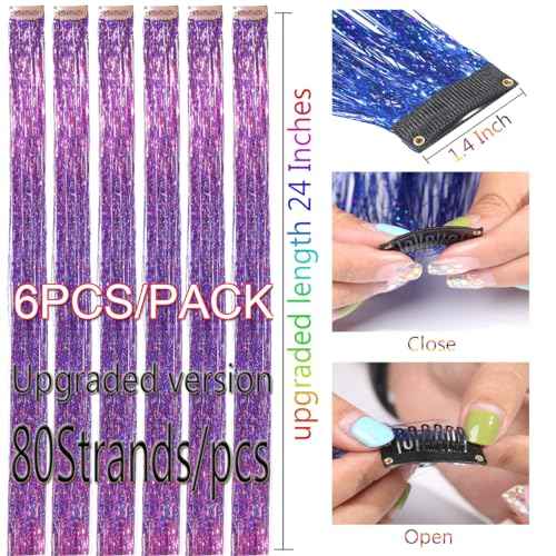 Clip In Purple Tinsel Hair Extensions Kit Glitter Strands Clip In for Girls Women Fairy Hair New Year Party Halloween Festival Gift